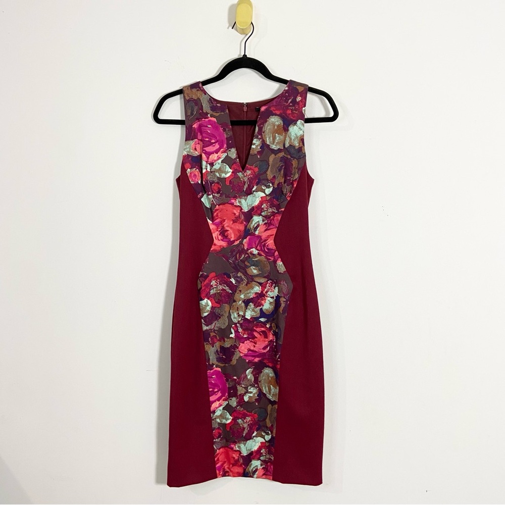 Black Halo Maroon Floral Sleeveless Split Crewneck Midi Sheath Dress